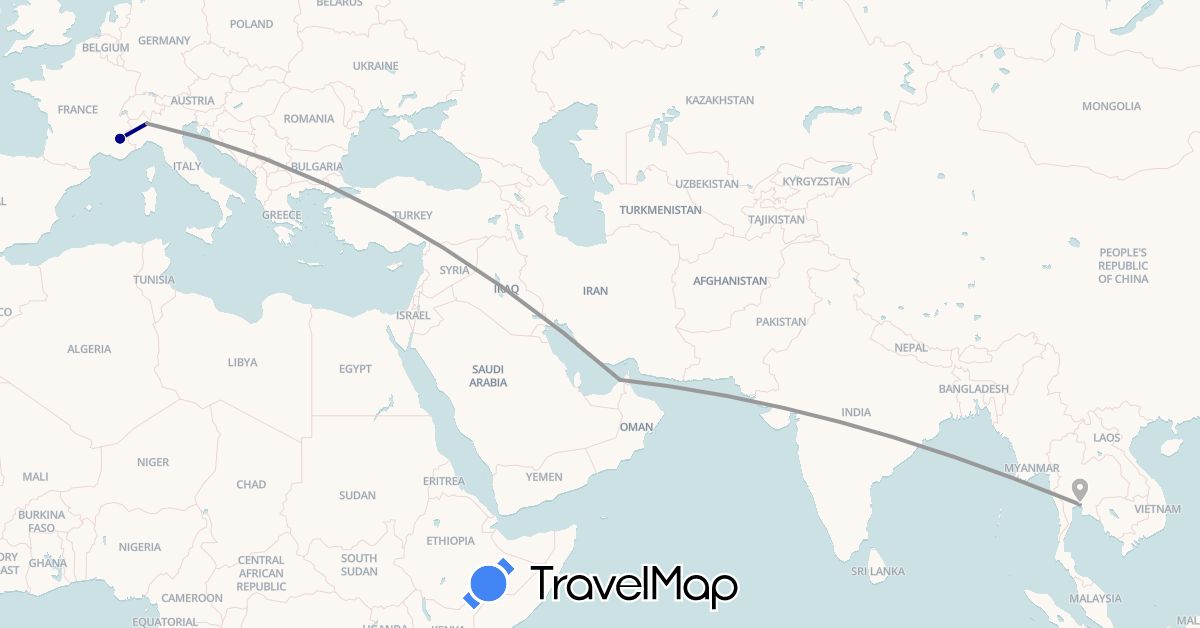 TravelMap itinerary: driving, plane in United Arab Emirates, France, Italy, Thailand (Asia, Europe)